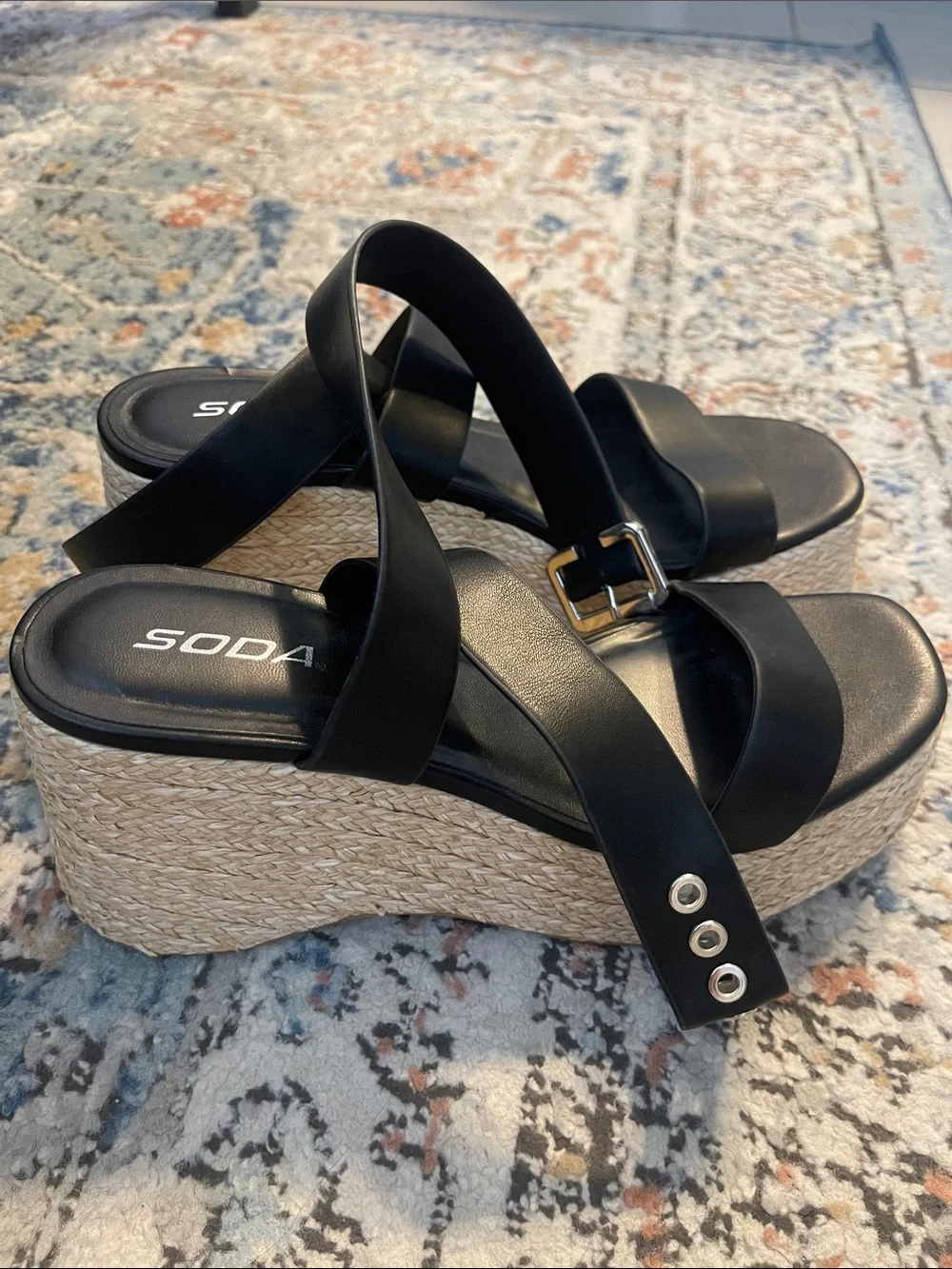Soda Black Double-Strap Espadrille Wedge Sandals